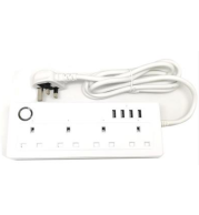 Tuya WiFi UK Smart Power Extension 4 Sockets & 4 USB, Power Metering, Separate App Control, Energy Monitoring, Alexa Google, White, CE